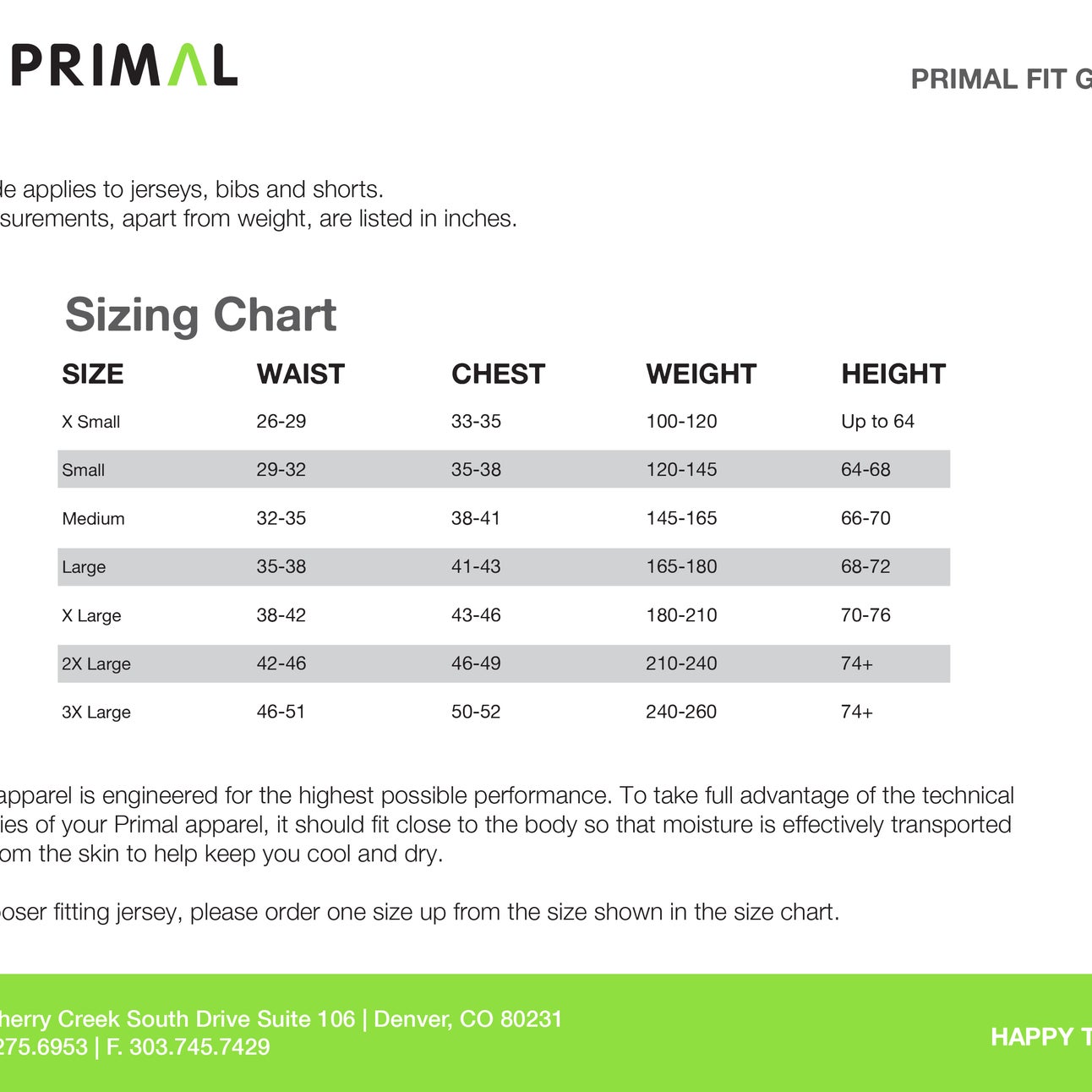 Primal Wear Size Chart