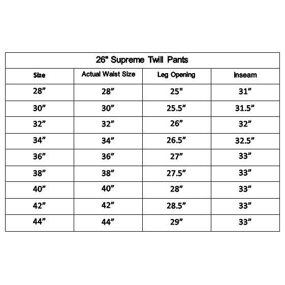 Supreme Pants Size Chart